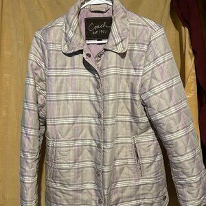 Coach Diamond Quilted Puffer Jacket w gray & lavender plaid  design metal button